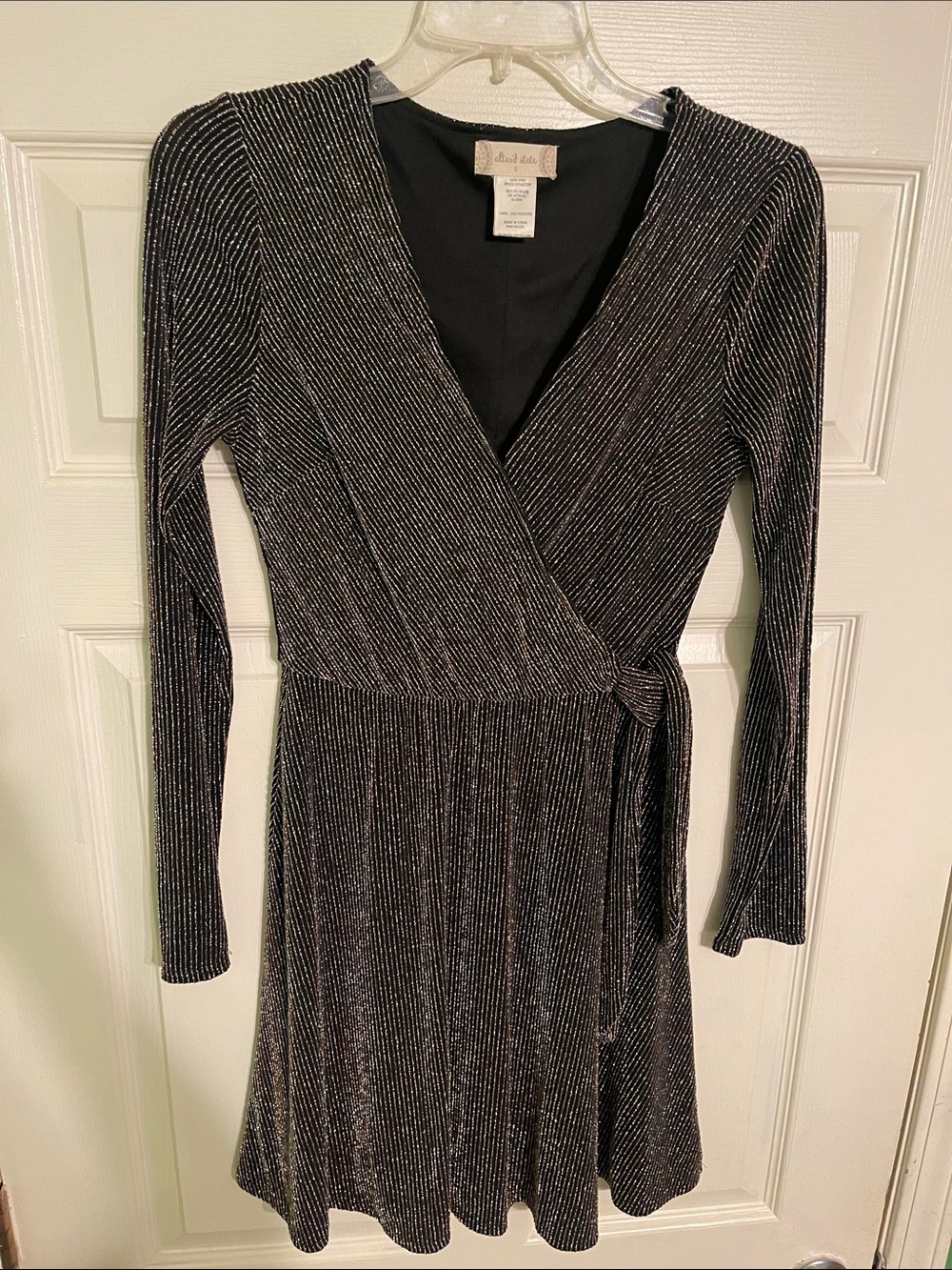White House Black Market Black Metallic Long-Sleeve Wrap Dress